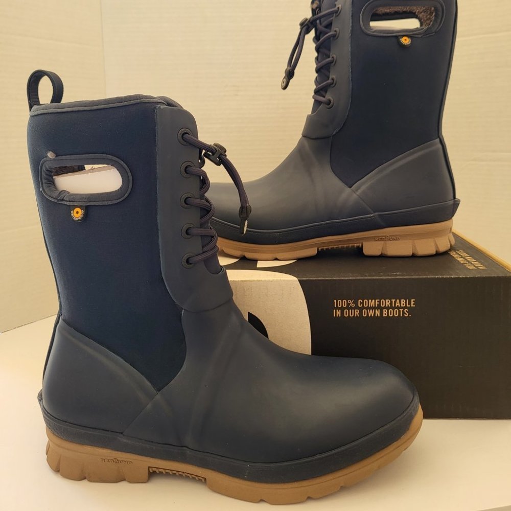 Bogs Navy Blue and Tan Lace-Up Winter Rain Boots